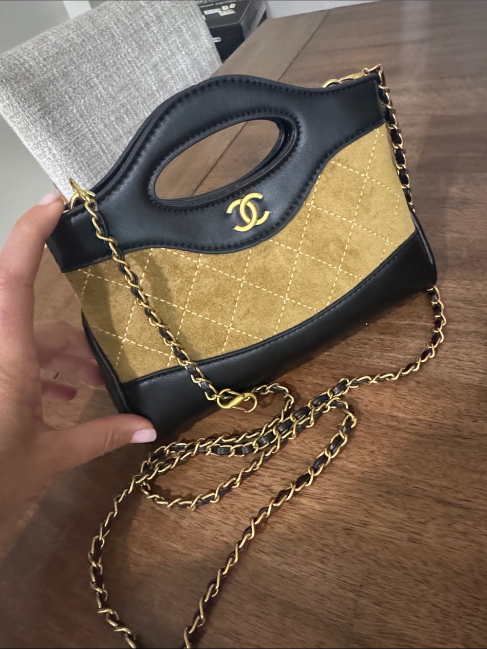CHANEL Black & Gold Quilted Leather Chain Handle Crossbody